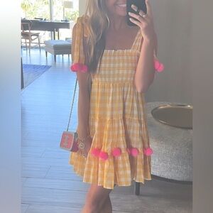 REVOLVE Pippa Mini Dress in Yellow Gingham & Pink Pompom